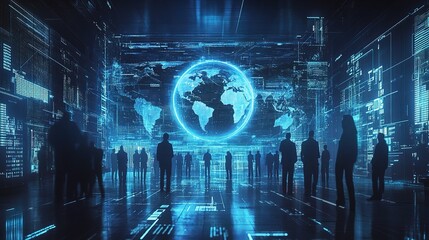 Poster - Digital World Map with Silhouettes of People