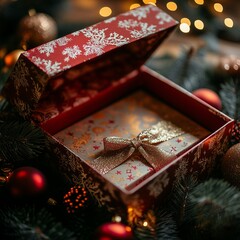 Christmas  and New Year gift box with red ribbon on festive background