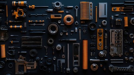 Poster - Assorted car parts and tools neatly arranged on a dark background, symbolizing automotive repair and engineering