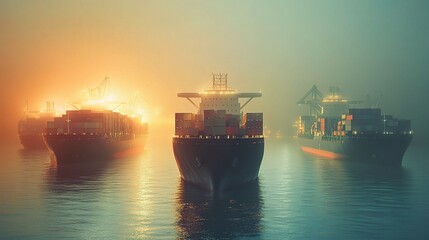 Canvas Print - Ships in Foggy Harbor at Dusk