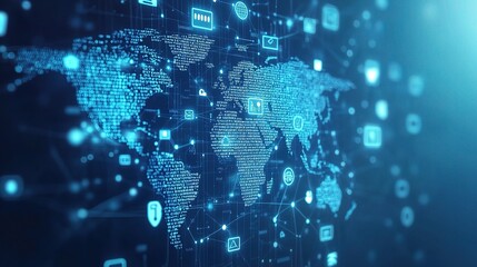 Poster - Digital World Map with Technology Icons and Data Patterns