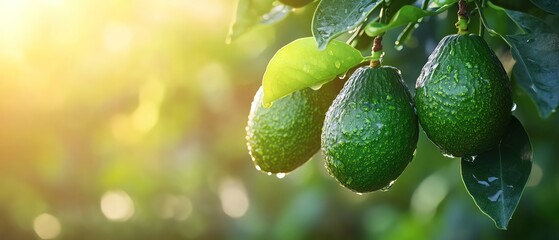 Closeup of fresh, dewy avocados hanging from a tree, bathed in soft golden sunlight through lush greenery