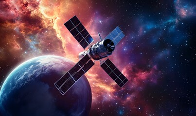 Aufkleber - A satellite orbits a vibrant, colorful planet, surrounded by a cosmic backdrop of swirling nebulae and stars.