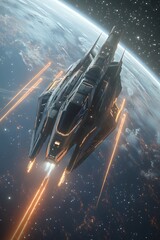 Poster - A futuristic spaceship navigates through space, emitting streaks of light, with a beautiful planet backdrop and a starry sky.