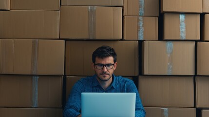 A man works on a laptop in front of a wall of cardboard boxes, suggesting a warehouse or storage environment.