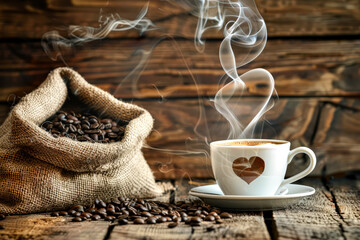 White coffee cup with a heart on it sits on a table with coffee beans and a blanket. The steam from the coffee cup creates a cozy and warm atmosphere