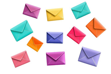 Colorful envelopes floating in the air, symbolizing creativity and communication in a vibrant, playful manner.