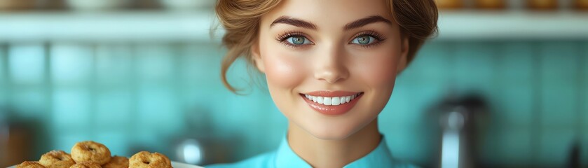 Smiling retro woman in blue dress, holding a plate of cookies, teal background, vintage charm