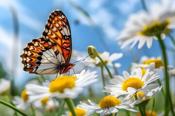 Poster - Colorful Butterfly on Daisy in Bright Field