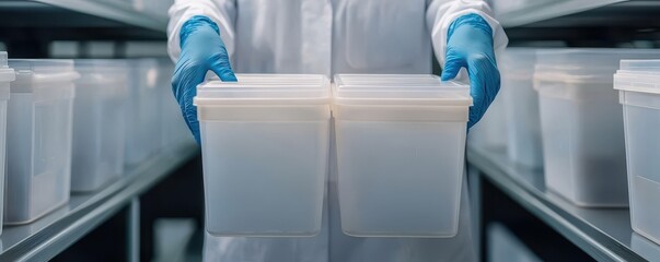 A person in a lab coat and gloves holds two transparent containers in a shelf lined with similar containers in a laboratory setting.