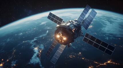 Aufkleber - A space station or satellite orbits Earth, showcasing its intricate design against a backdrop of stars and illuminated cities.