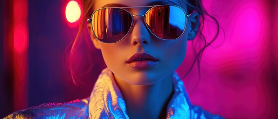 Woman in reflective jacket, mirrored sunglasses, futuristic fashion