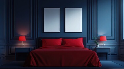 Canvas Print - Modern Bedroom with Red Accents and Blue Walls