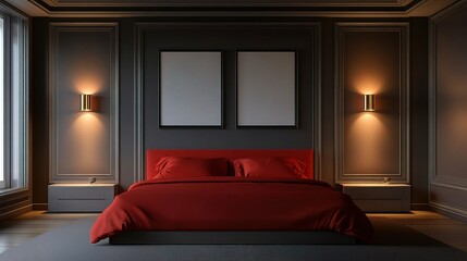 Wall Mural - Modern Bedroom with Red Bed and Elegant Lighting