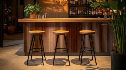 Wall Mural - At home, three stools are positioned in front of a wooden bar counter