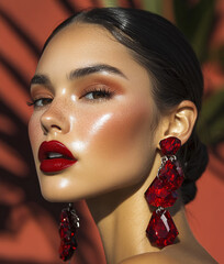 beautiful fashionable young woman with bright make-up and earrings with rhinestones