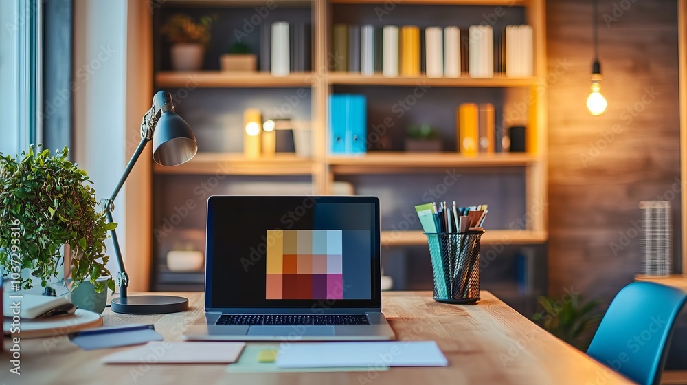 Interior designer workspace a laptop with architectural software, mood ...