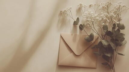 Invitation or greeting card mockup on beige, featuring a craft paper envelope with eucalyptus and gypsophila sprigs. Copy space available