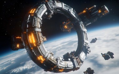 Aufkleber - A futuristic space station or structure orbits Earth, surrounded by spacecraft amid a backdrop of clouds and stars.