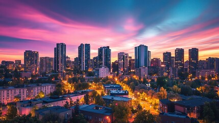 Canvas Print - Urban Skyline at Sunset with Colorful Clouds