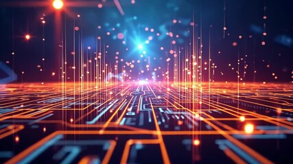 Fototapete - A vibrant technological landscape filled with intricate circuits and glowing particles creates a stunning visual, illuminated by hues of blue and orange in a futuristic setting.