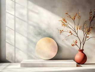 Fototapete - Sleek and Modern 3D Studio Set with Clean White Backdrop Product Display Podium on Bare Floor and Natural Lighting Casting Shadows Across Countertop for Elegant Product Mockup Scene