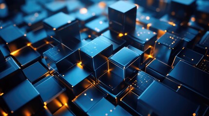 Poster - Data intelligence visualized through rising blocks in dark blue metallic colors, showing advancements in AI and analytics