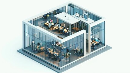 3D building representing a corporate office appears on the white background