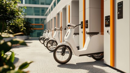 Poster - A modern urban setup featuring white bikes parked in sleek storage units, surrounded by greenery, combining technology and sustainability.