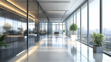 Canvas Print - Modern Office Interior with City View and Natural Light