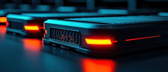 Futuristic server technology with glowing lights on a modern hardware system.