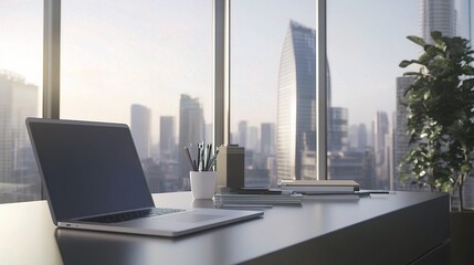 Poster - Modern Office with City View and Laptop