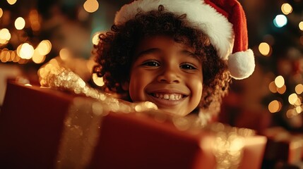 A heartwarming scene of a child in a Santa hat joyfully holding presents, embodying the excitement and magic of the Christmas season with festive lights behind.