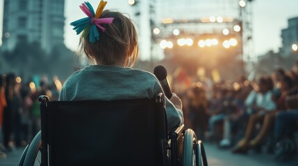 A child in a wheelchair with colorful hair decorations holds a microphone on stage in front of a large crowd, illuminated by bright stage lights at a public event.