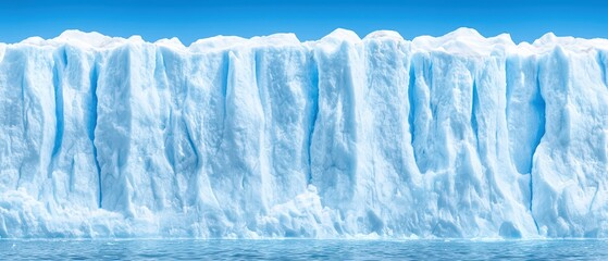 Massive glacier wall reflecting sunlight over tranquil water surface.