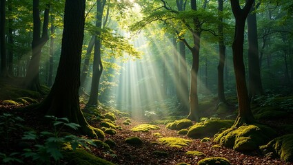 Wall Mural - enchanting forest scene with sunlight filtering through dense trees