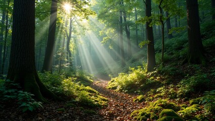 Wall Mural - enchanting forest scene with sunlight filtering through dense trees