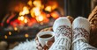 © Tunsale - Feet in Woollen Socks by the Christmas Fireplace. AI generated illustration.