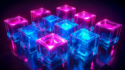 Poster - Neon Colorful Cubes with Glowing Reflection