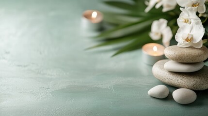 A tranquil spa setting featuring smooth stones, lit candles, and blooming flowers arranged on a soothing, light green surface, evoking relaxation and peace.