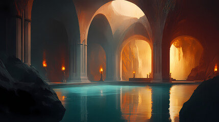 Poster - An ancient cavern with majestic arches and a serene pool, illuminated by ethereal light and torches. ai generation. Ancient Relic. Illustration