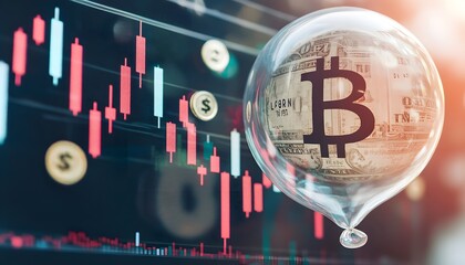 Poster - A digital illustration depicting Bitcoin against a fluctuating financial graph, symbolizing cryptocurrency trends and market fluctuations.
