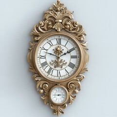 Antique Ornate Clock, Golden Finish, Roman Numerals, Two Dials