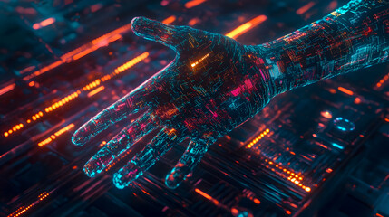 Poster - Futuristic Digital Hand Reaching Out in Neon Lights