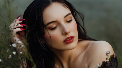 A dreamy portrait of a young woman with wet hair and delicate makeup, posing gracefully among wildflowers, evoking natural beauty and sensuality.