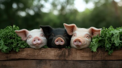 Cute piglets, including two pink and one black, eagerly peek over a rustic wooden fence, with lush green foliage in the backdrop capturing their adorable curiosity.