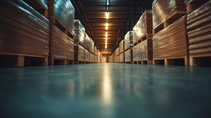 Image showcases a warehouse interior with tall stacks of wooden pallets wrapped in plastic, arranged neatly in a narrow aisle under bright industrial lights.