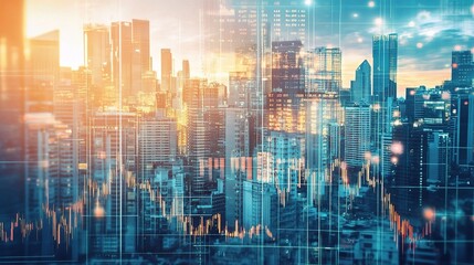 Poster - urban skyline with data overlay at sunset