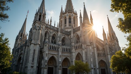 Majestic Gothic cathedral with towering spires and stained glass windows