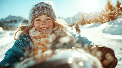 A young girl in a warm coat and knitted hat, surrounded by falling snowflakes, rides a sled in a snowy landscape with bright sunshine, expressing joy and excitement.